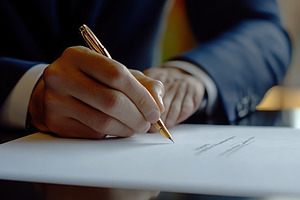 Man businessman signing a document with a pen, a Photo by AlyaAnd