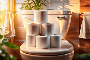 Stack of white toilet paper rolls, brush and plant isolated, a Health & Medical Photo by Davizro's Market