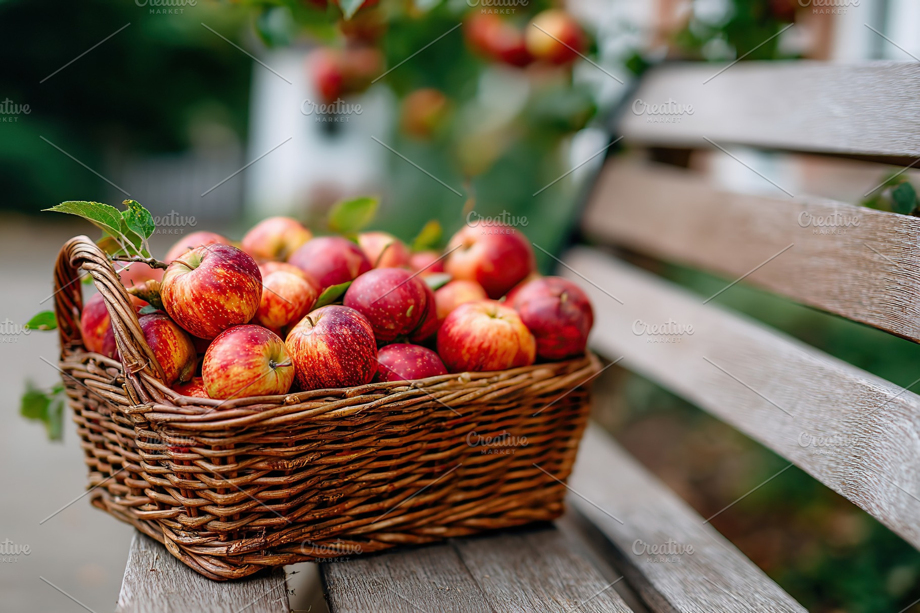 Freshly picked apples in a basket on a wooden bench in the orchard, a Food & Drink Photo by AlyaAnd