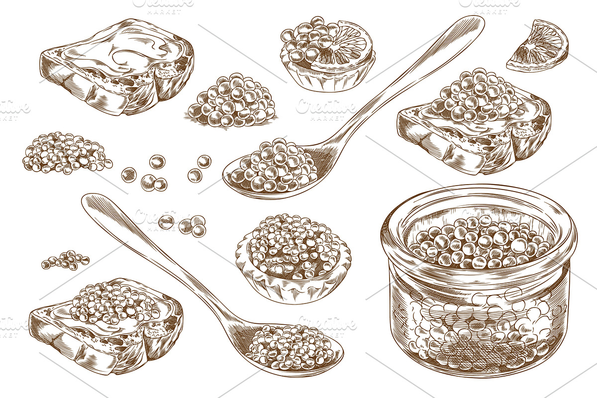 Caviar heaps, on spoon and in glass, a Food Illustration by Sabelskaya