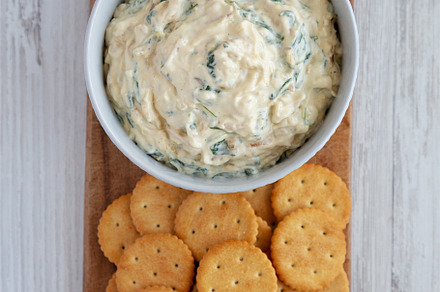 Homemade Caramelized Onion and Spinach Dip with Salty Round Crac, a Food & Drink Photo by LiudmylaChuhunova