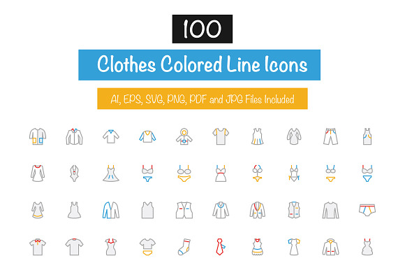 100 Clothes Colored Line Icons