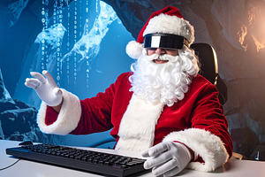 Santa Claus with augmented reality glasses sitting at a holograp, a Holiday Photo by DanFLCreativo