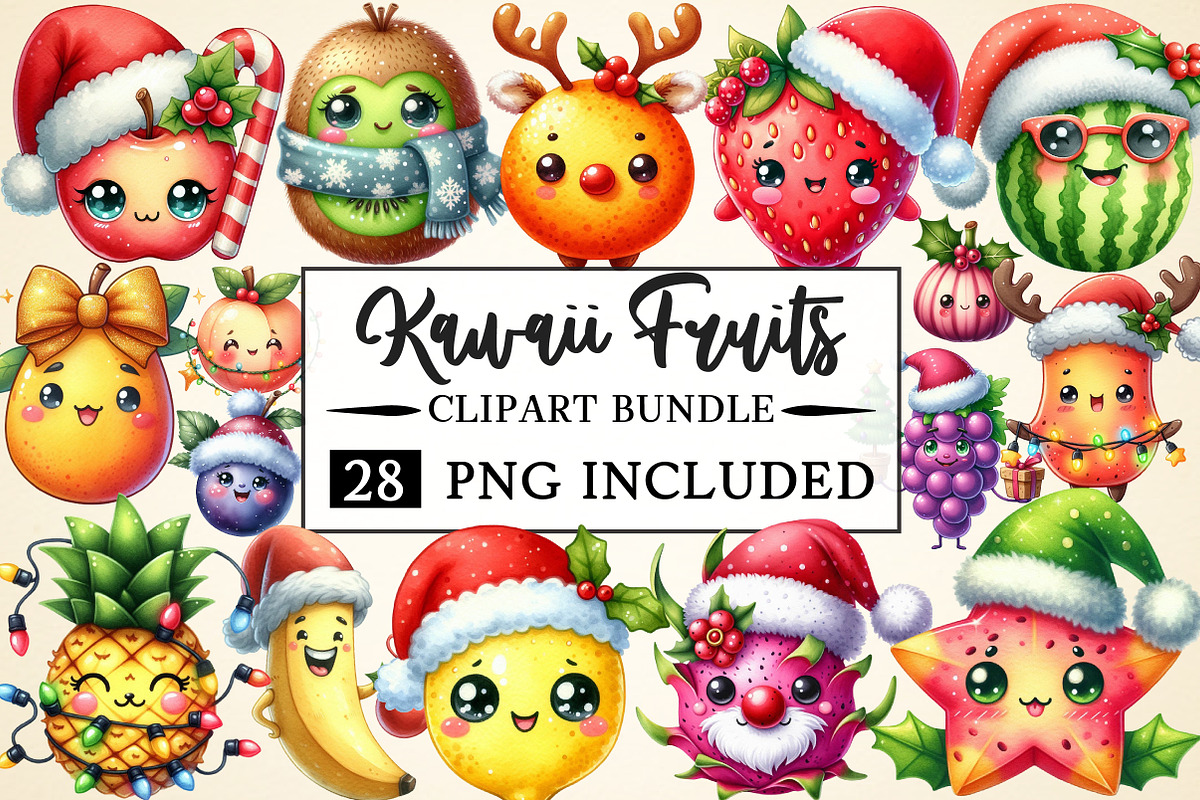 Christmas Kawaii Fruits Sublimation, a Seasonal Illustration by Daily ...