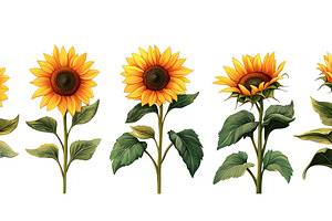 Set of illustrated sunflowers at various blooming stages with de, a Nature Photo by José Manuel Gelpi