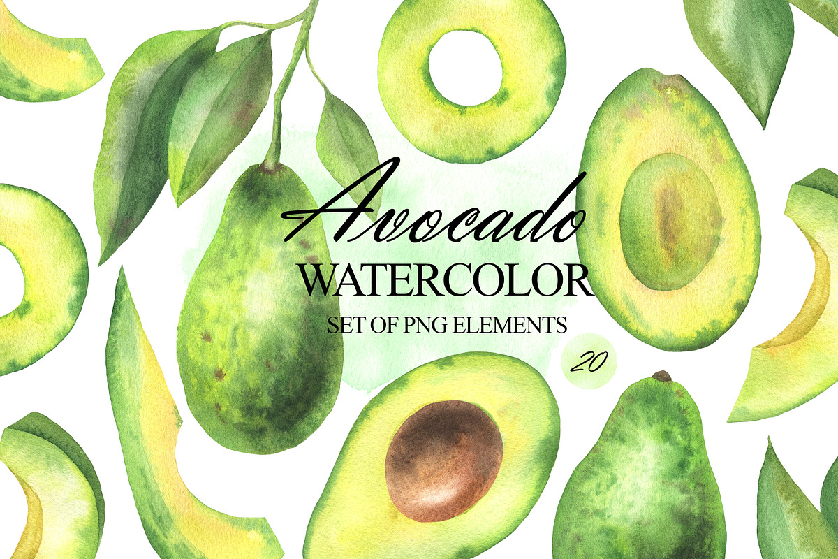Watercolor avocado clipart, a Food Illustration by OlDm_Shop (Photo 1 of 6)