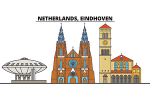 Netherlands, Eindhoven. City Skyline, Architecture, Buildings, Streets, Silhouette, Landscape, Panorama, Landmarks. Editable Strokes. Flat Design Line