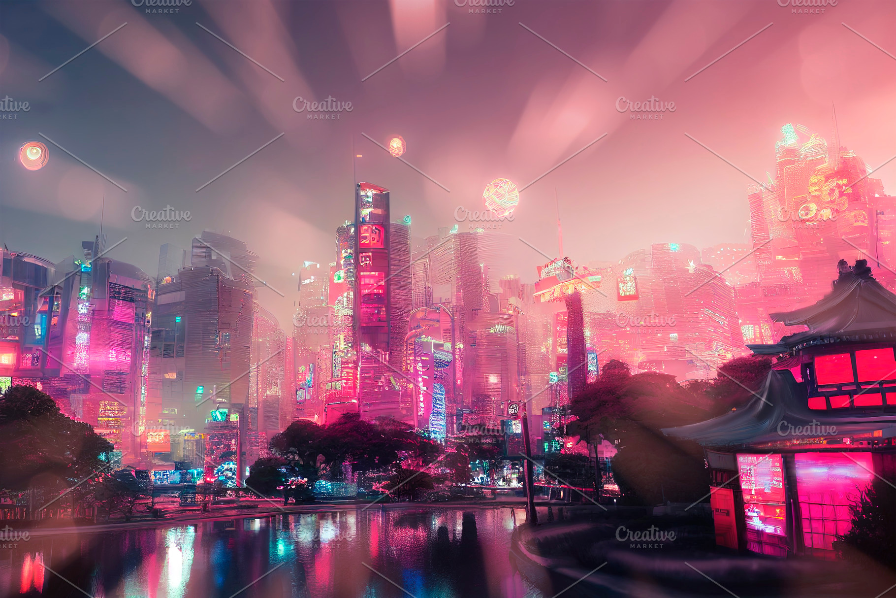 Futuristic cityscape with neon lights at night. Abstract modern, an Architecture Photo by hitdelight