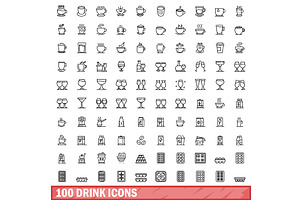 100 Drink Icons Set, Outline Style