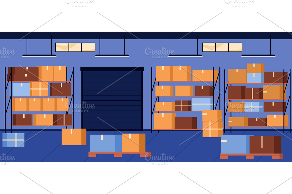 Warehouse Storage With Cardboard, a Transportation Illustration by Flashvector