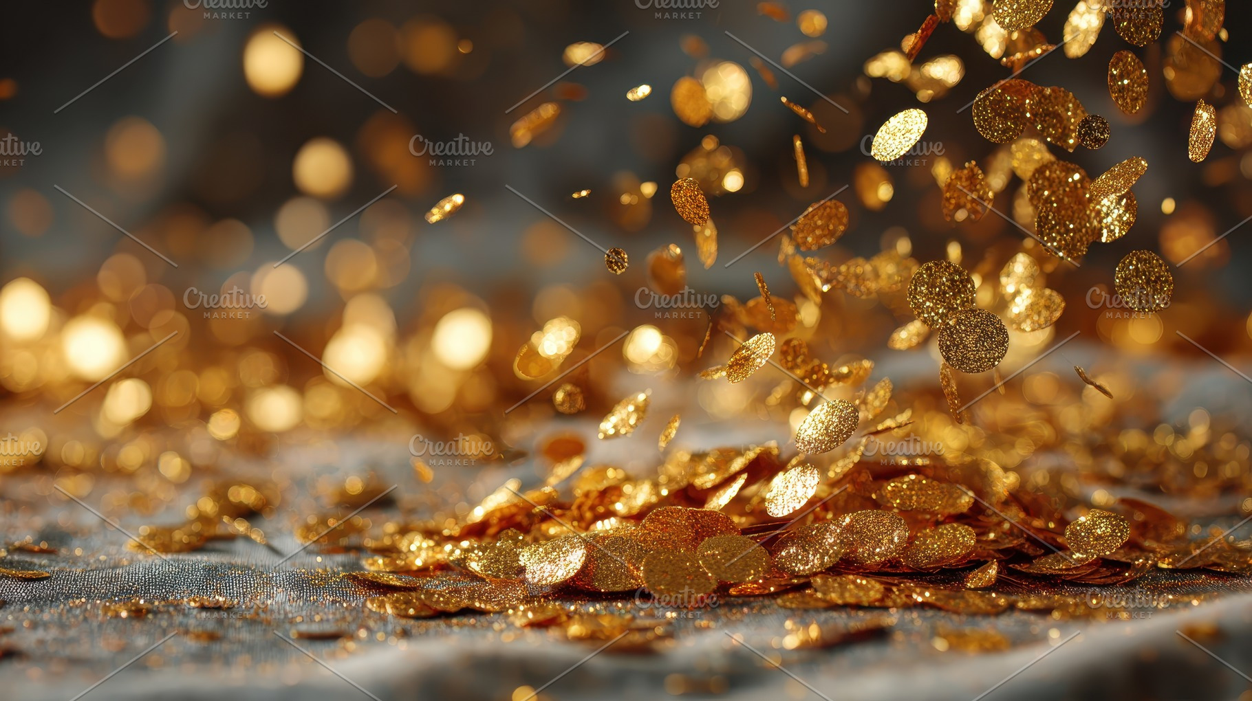 Golden glitter falling on grey fabri, a Photo by Pixeness Studio