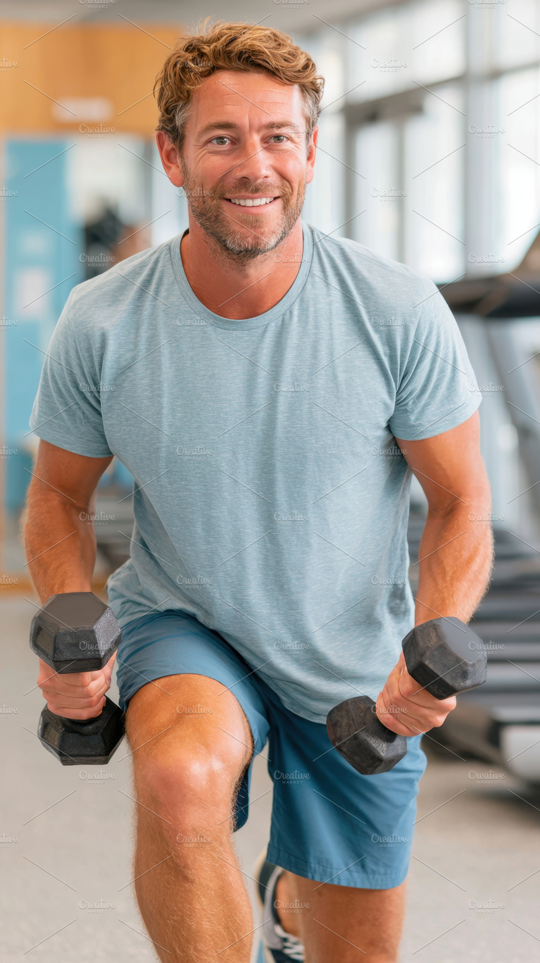 Man lunging with dumbbells in gym, a Person Photo by AlyaAnd