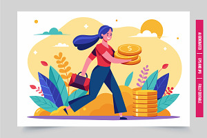 Woman runs with coins landscape, an Illustration by Tanuart