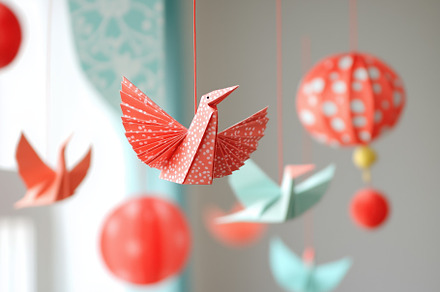 Colorful origami birds and hanging paper decorations in a bright room, featurin, an Arts & Entertainment Photo by Textures & Backgrounds