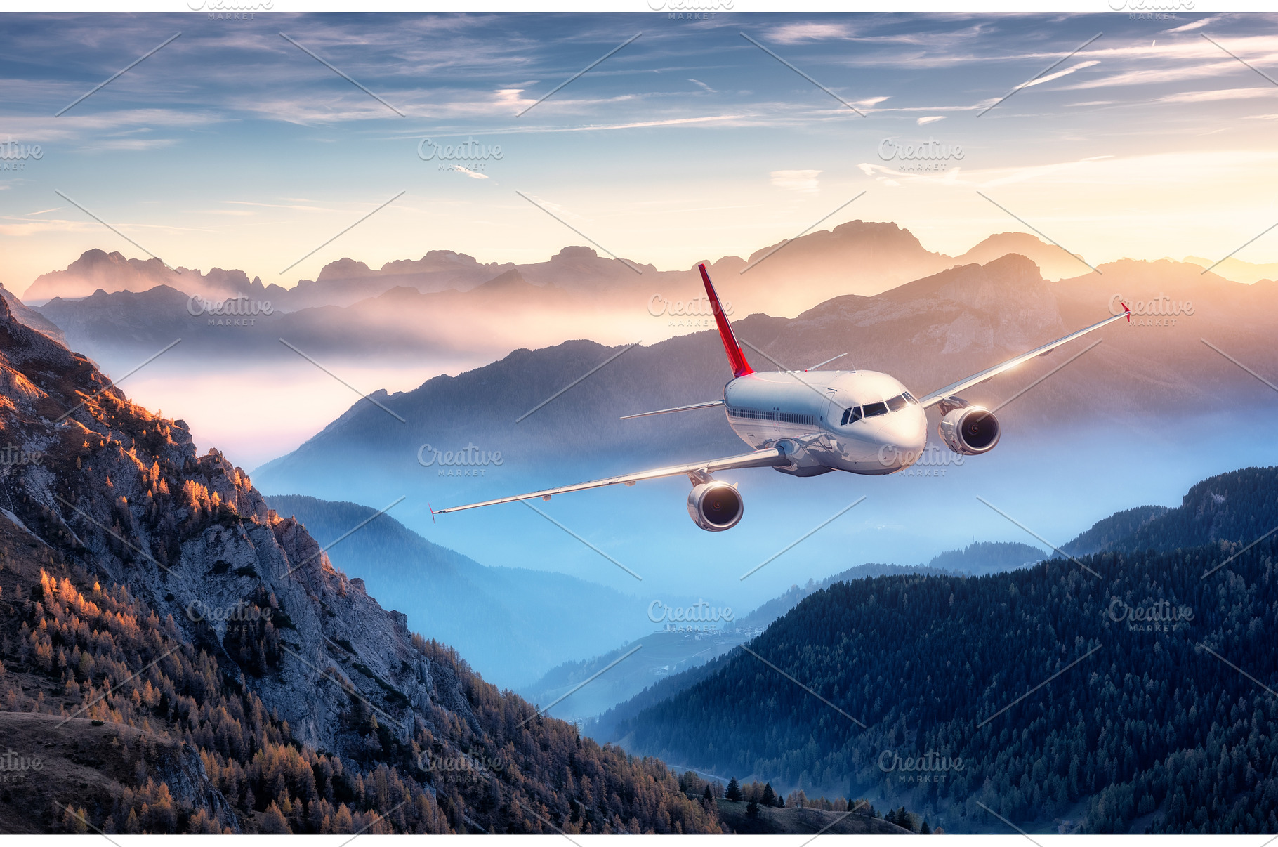 Commercial airplane flying over, a Transportation Photo by den-belitsky