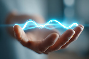Open hand with glowing blue sound wave, a Technology Photo by AlyaAnd