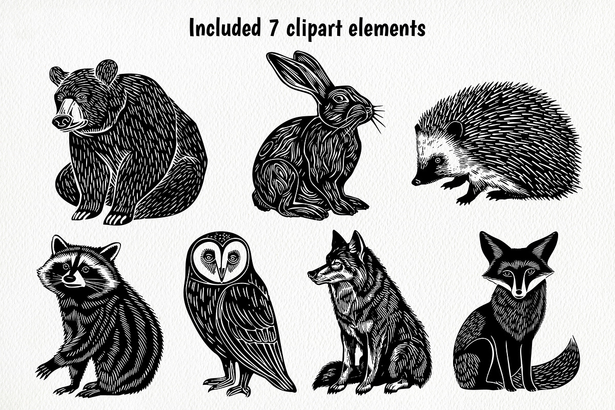 Forest Animals Linocut Clipart, an Animal Illustration by ArtIrisArt (Photo 2 of 4)
