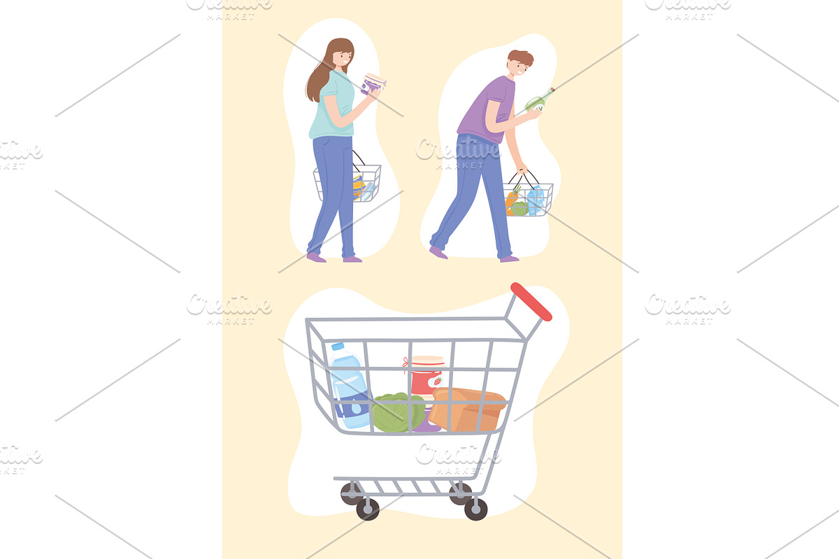 woman and man with shopping basket, a Food Illustration by studiogstock