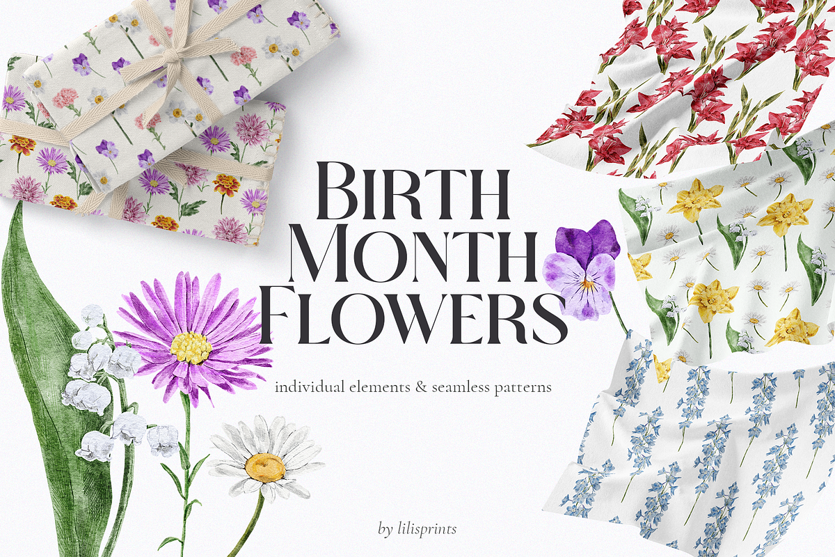 Watercolor Birth Month Flowers, an Illustration by lilisprints (Photo 1 of 5)