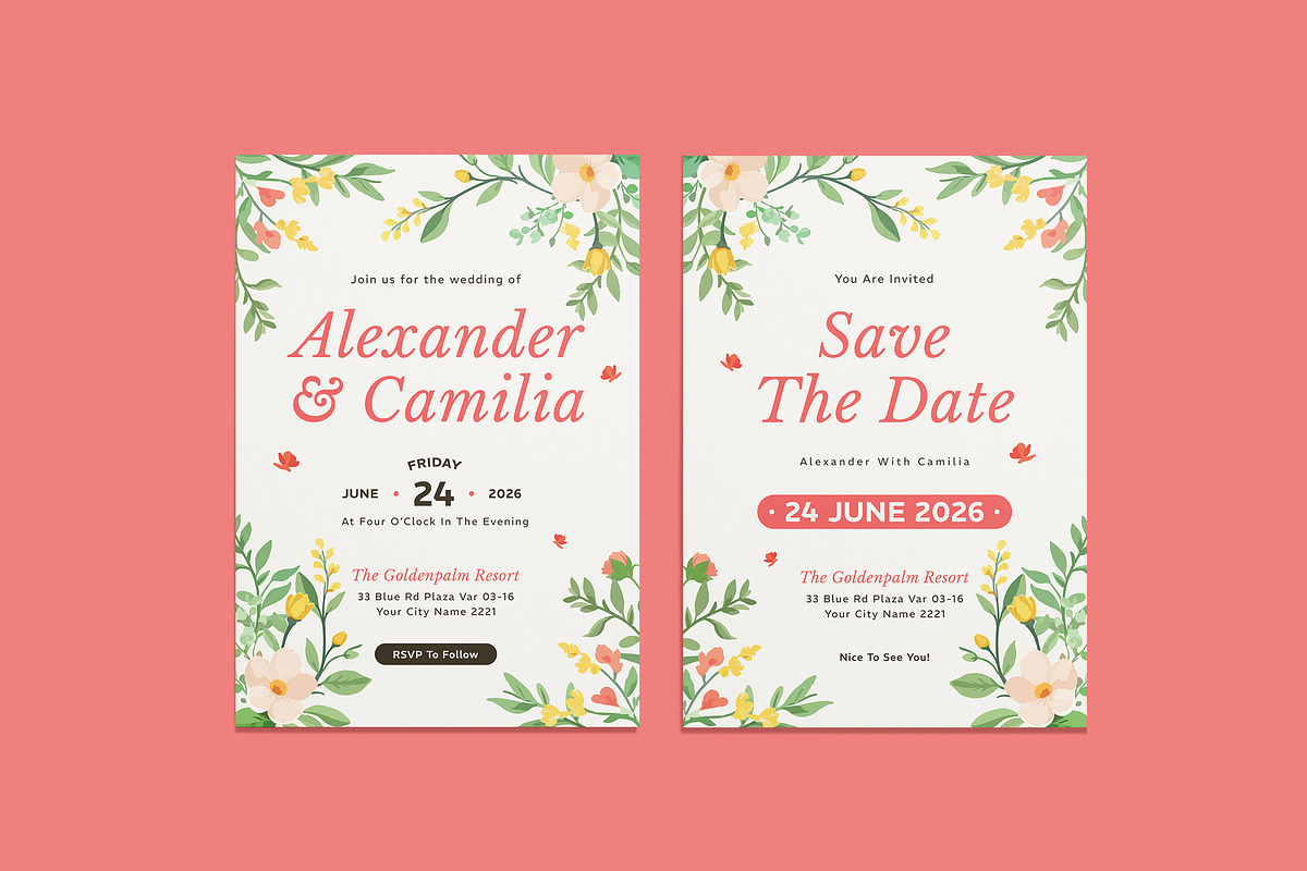 Campas Floral Wedding Invitation, an Invitation Template by iDoodle Studio (Photo 1 of 4)