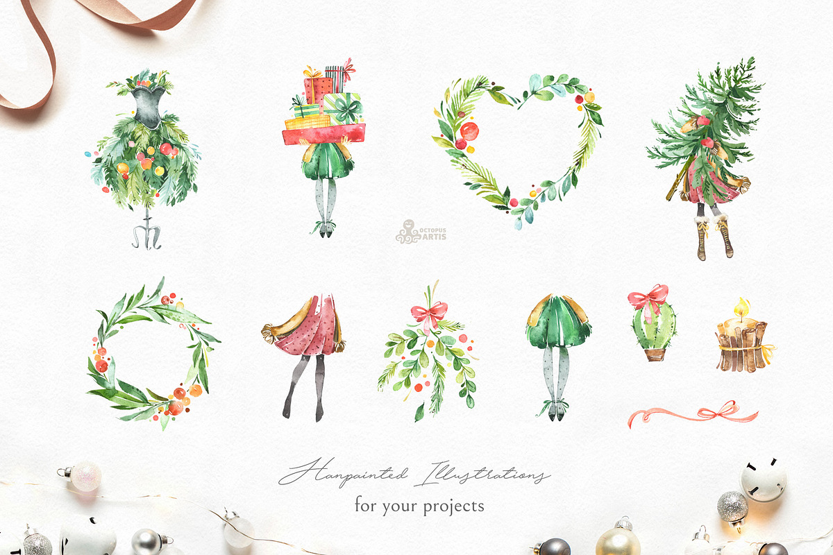 Hello Christmas. Watercolor Kit., a Decorative Illustration by OctopusArtis (Photo 3 of 12)