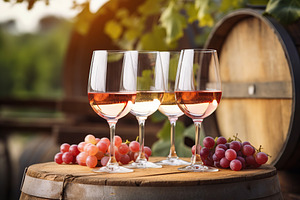 Glasses of white and pink wine with ripe grapes on vineyard background, a Food & Drink Photo by AlyaAnd