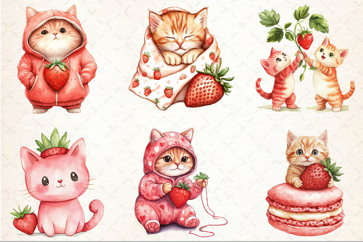 Strawberry Cat Clipart Sublimation, a Seasonal Illustration by Rose Art (Photo 3 of 4)