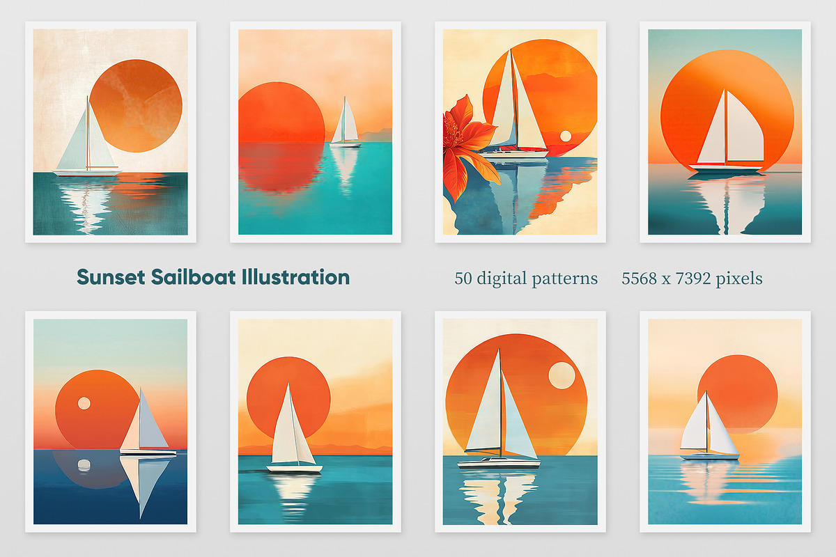 Sunset Sailboat Illustration, a Decorative Illustration by Housui Patterns (Photo 3 of 9)