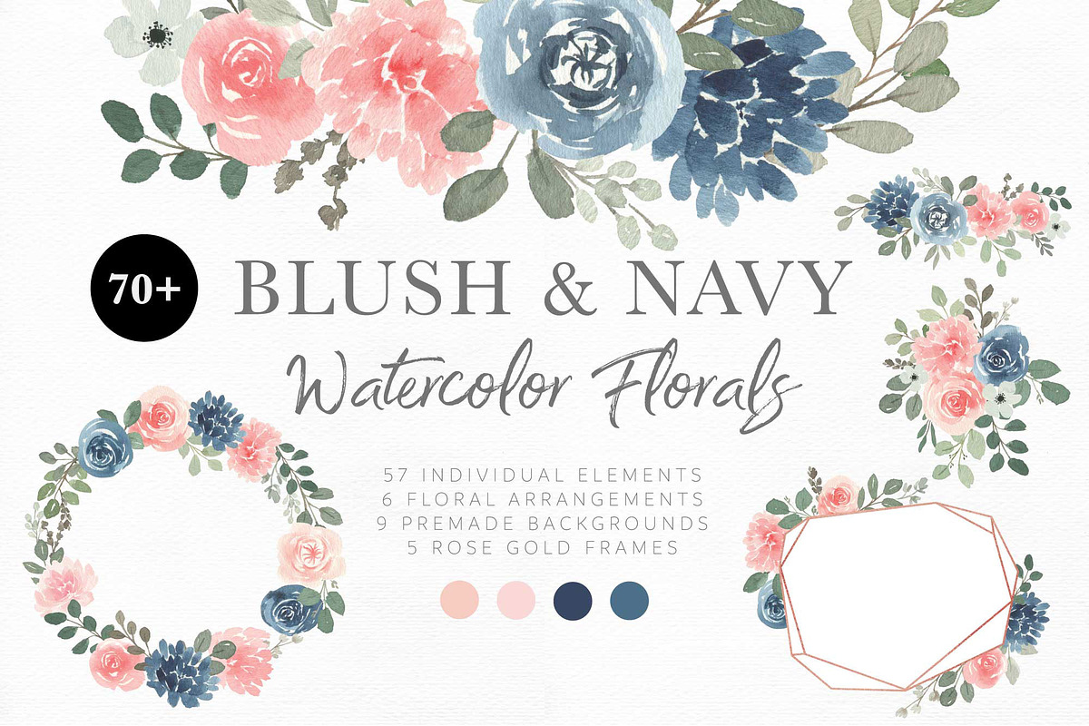 Blush and Navy Watercolor Florals, a Work Illustration by Momo Studio (Photo 1 of 12)