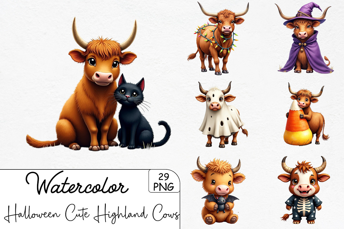 Halloween Cute Highland Cows Clipart, an Illustration by CrexoraLab (Photo 1 of 5)