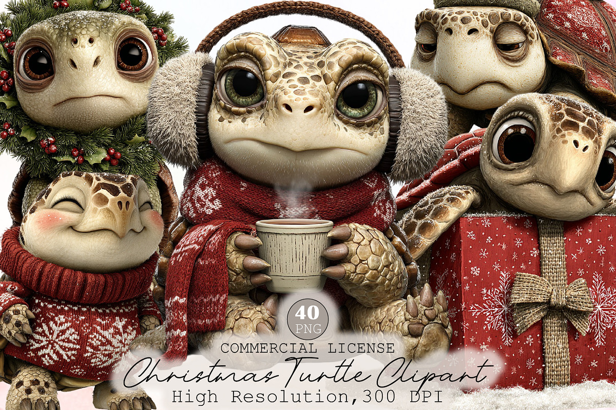 Whimsical Christmas Turtle Clipart, an Illustration by Sublimation Artist (Photo 1 of 6)