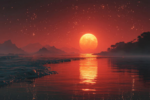 Glowing full moon rising over ocean with starry red sky, silhoue, a Nature Photo by José Manuel Gelpi