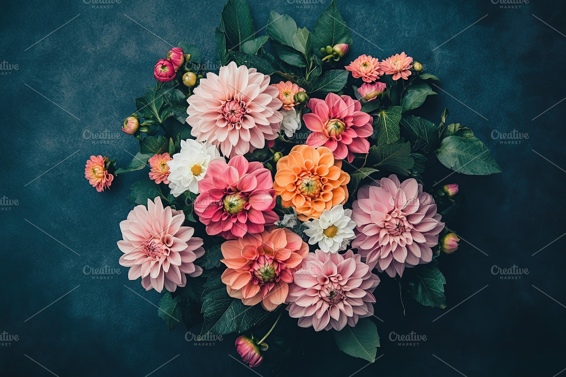 Colorful dahlia bouquet featuring pink, orange, and white blooms arranged artis, a Nature Photo by AlyaAnd