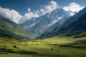 Sunlight illuminates green mountain, a Photo by Pavel_design