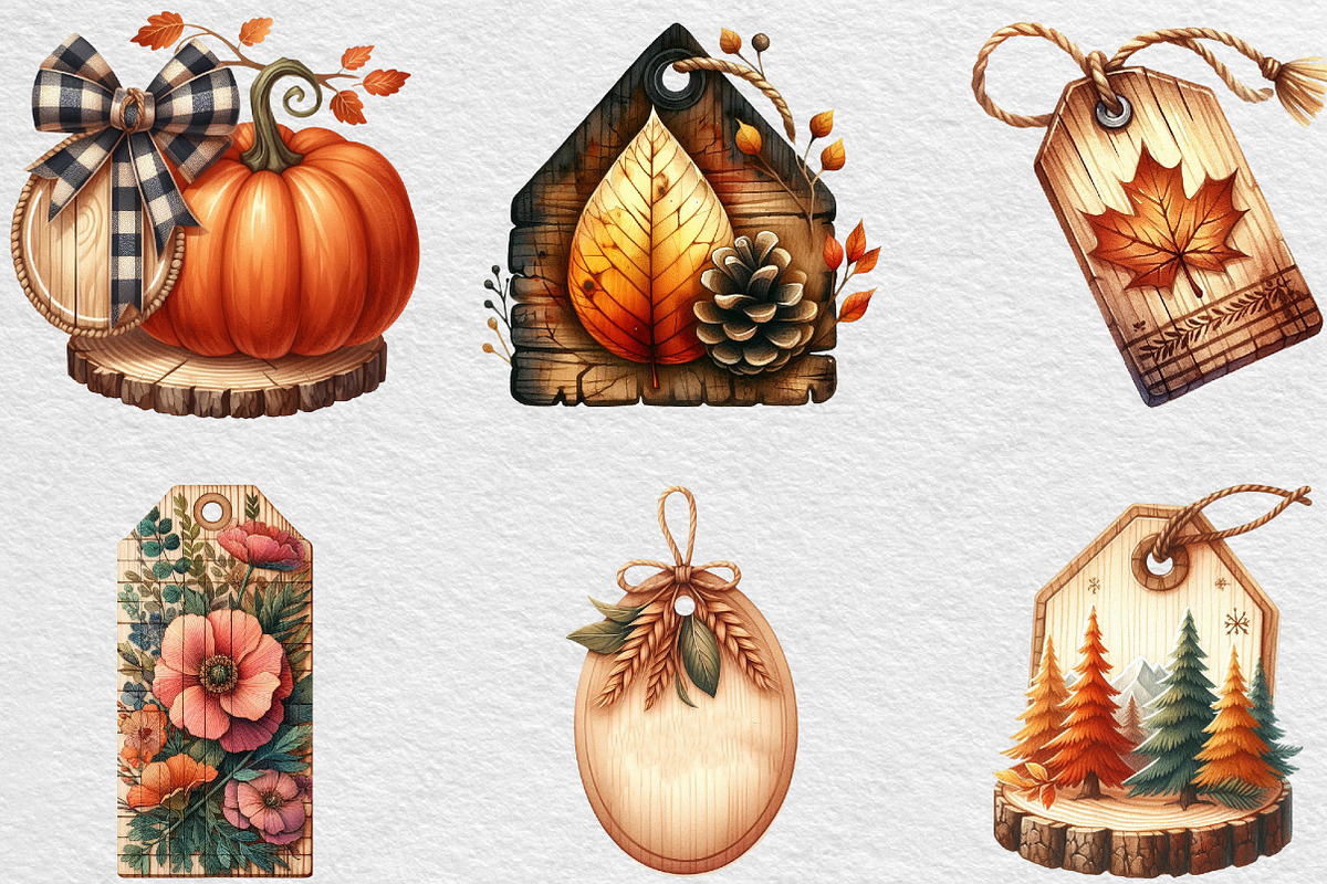 Vintage Wooden Autumn Tags Clipart, an Illustration by Black Bird Studio (Photo 5 of 6)