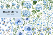 Watercolor blue flowers pattern set, a Pattern Graphic by Art and Funny (Thumbnail 1 of 11)