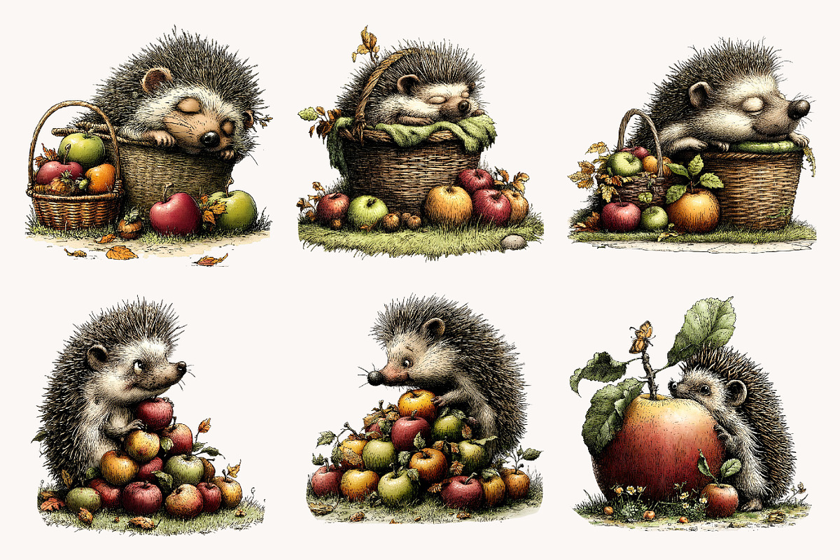Cute Hedgehog with Apples PNG, a Seasonal Illustration by Designworld (Photo 3 of 9)