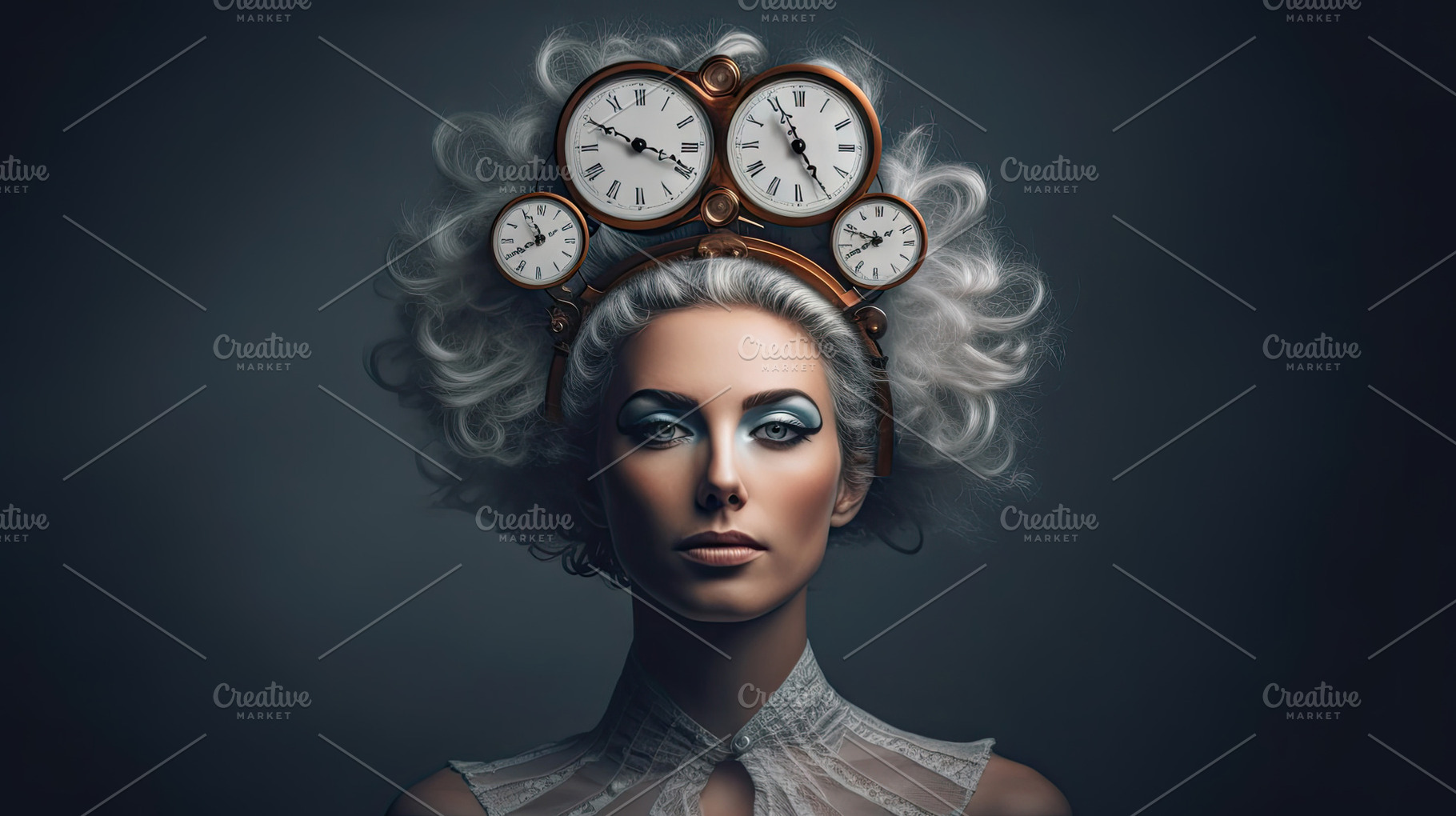 Portrait of beautiful young woman with retro hairstyle and clock, a Business Photo by AS photostudio