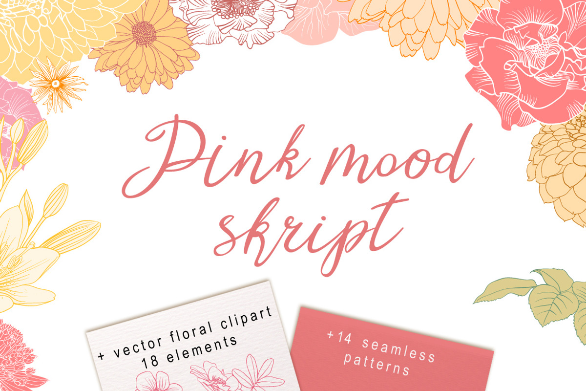 Pink mood set. Font & patterns.