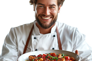 Smiling male chef presenting a colorful pasta dish, showcasing his culinary ski, a Person Photo by ImageMir