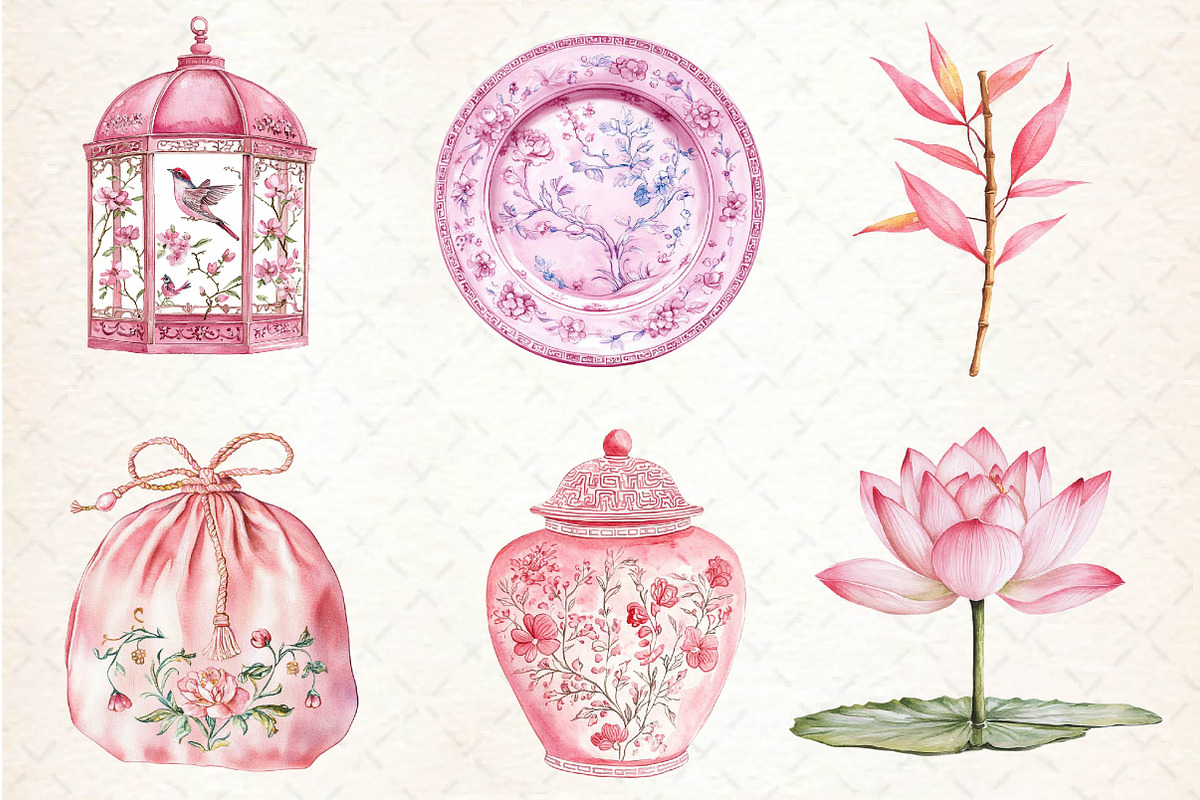 Pink Chinoiserie Summer Clipart, an Illustration by Dream Creation (Photo 5 of 6)