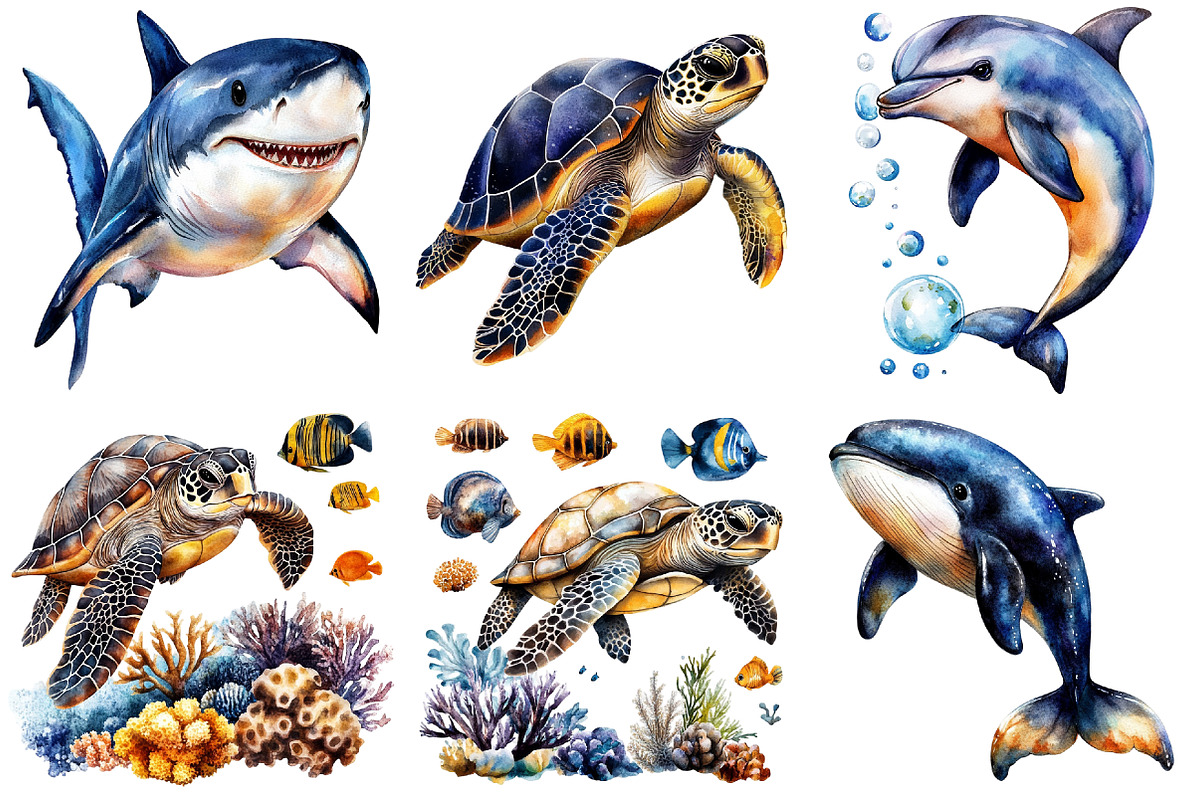 Watercolor Ocean Animals Clipart, an Illustration by Craft Nest (Photo 10 of 11)