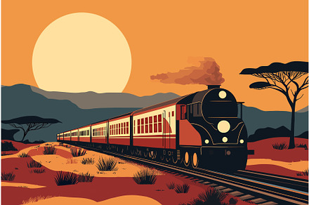 Retro train in the African landscape, a Transportation Illustration by Valerie Bodnar