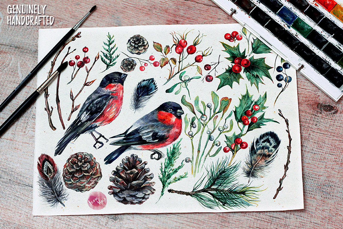 Mr.Bullfinch Watercolor ClipArt Xmas, a Decorative Illustration by Inna Sinano (Photo 12 of 12)