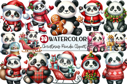 Watercolor Christmas Panda Clipart