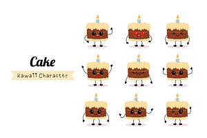 Cute Kawaii Cake Characters Set