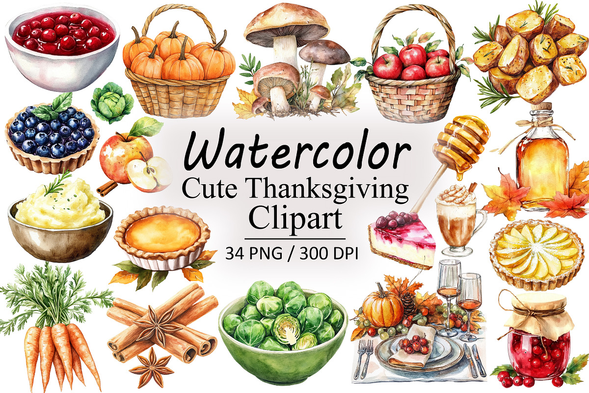 Cute Thanksgiving PNG Clipart Bundle, an Illustration by Design Market (Photo 1 of 3)
