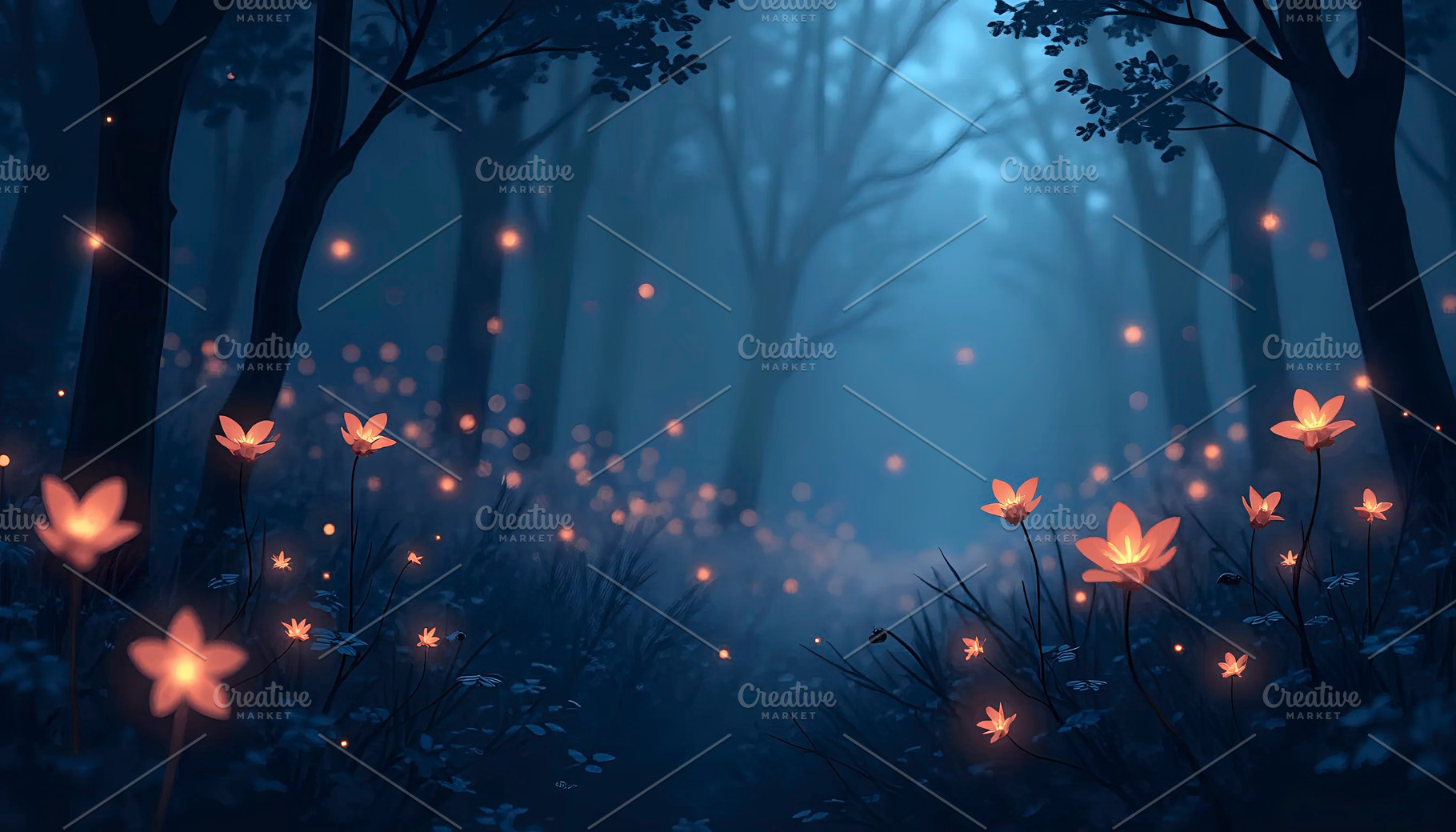 Midnight Garden with Glowing Firefli, a Photo by LOGOCREATIVE