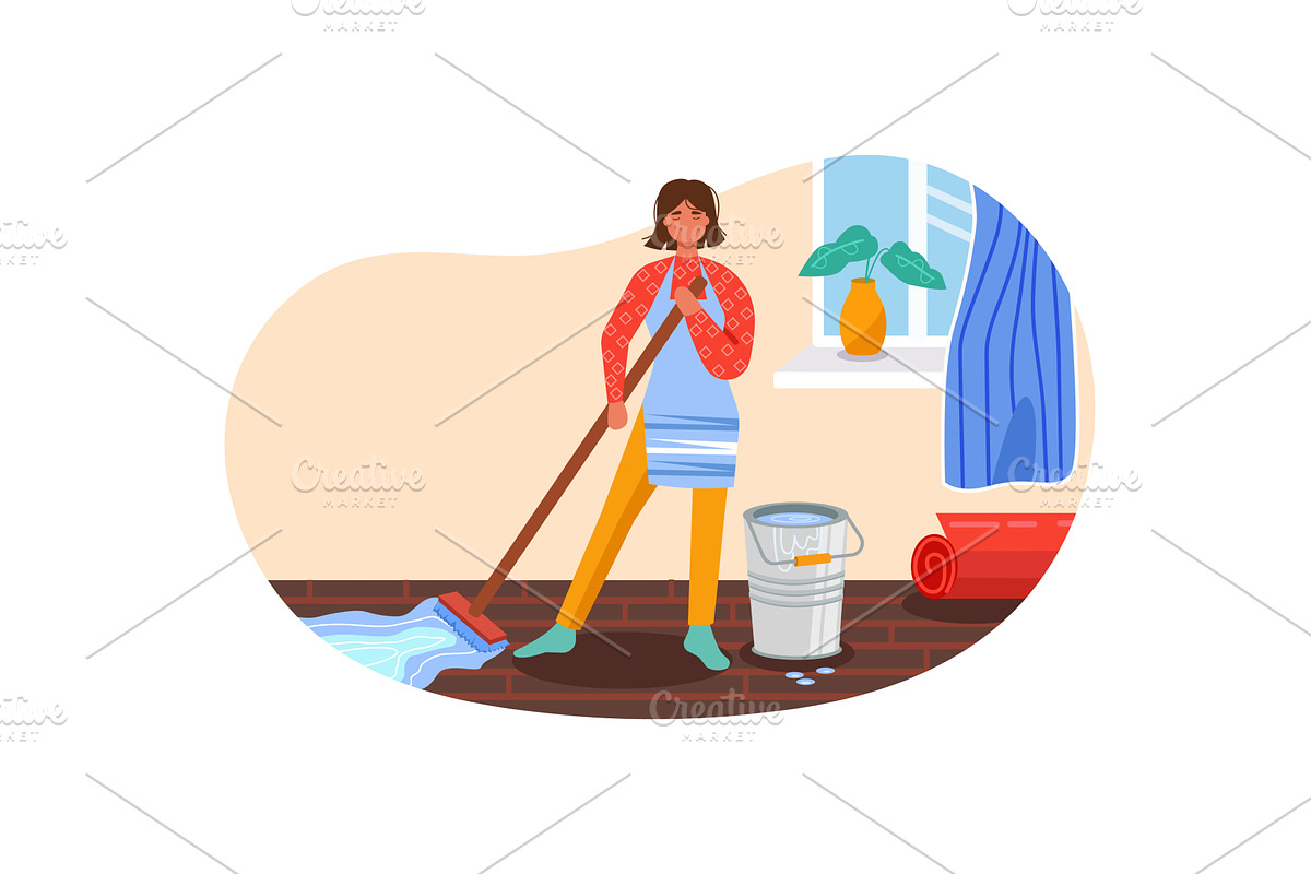 Woman cleaning home floor with mop, a Person Illustration by vectorpointstudio