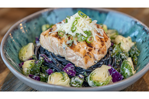 A glazed salmon fillet is served on, a Food & Drink Photo by ZinetroN